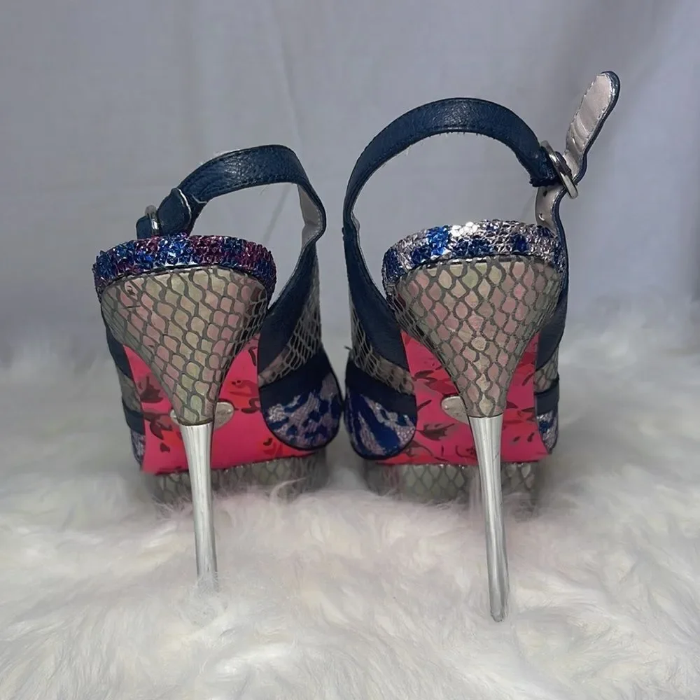 Betsey Iwanty‎ Mixed Media Metallic Platform Heels Sz 7.5